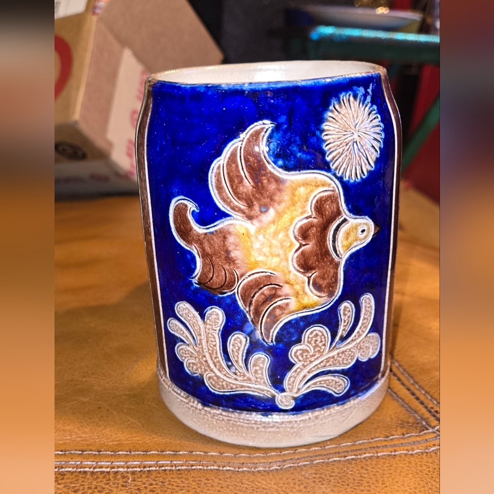 Handarbeit Salt Glazed Ceramic Stien with Blue and Brown Design Artist Signed 5"